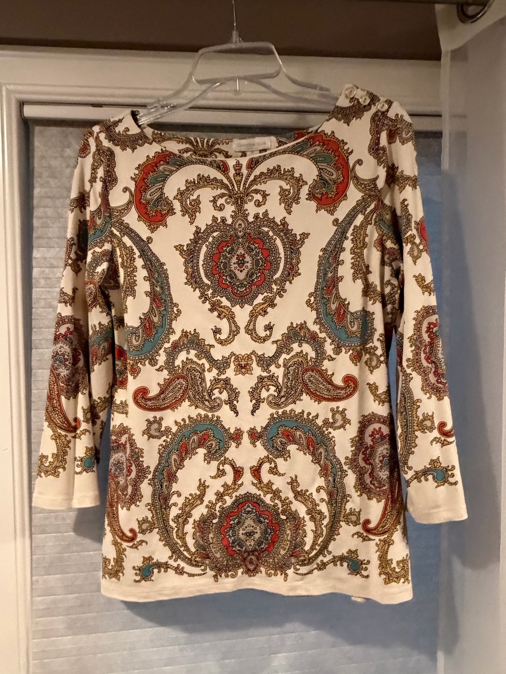 Charter Club Cream Paisley Print Long Sleeve Tunic with Teal & Rust Accents